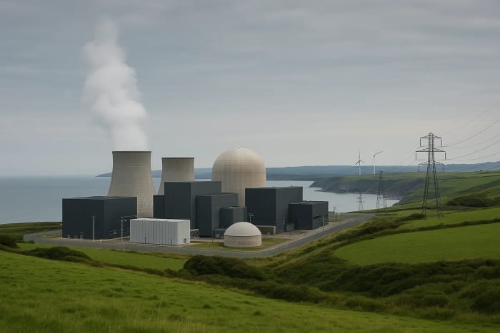 Central nuclear moderna junto a la costa del norte de Gales, con torres de enfriamiento emitiendo vapor y colinas verdes alrededor