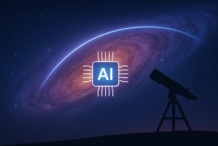 Telescopio en silueta frente a una galaxia luminosa, con un chip brillante que muestra las letras “AI” en el centro
