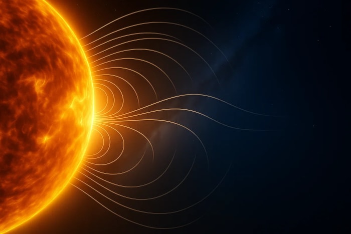 Superficie del Sol con líneas de campo magnético curvadas extendiéndose hacia el espacio
