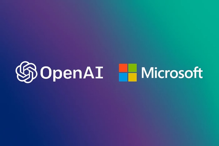 Logotipos de OpenAI y Microsoft sobre un fondo degradado en tonos azul, violeta y verde