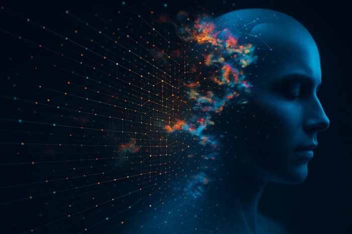 Rostro humanoide azul con patrones de red neuronal, disolviéndose en una nube de puntos y líneas luminosas