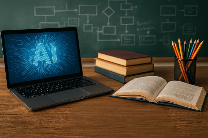 Laptop con un gráfico de IA encendido sobre un escritorio de madera, acompañado de libros cerrados y lápices de colores frente a una pizarra con diagramas