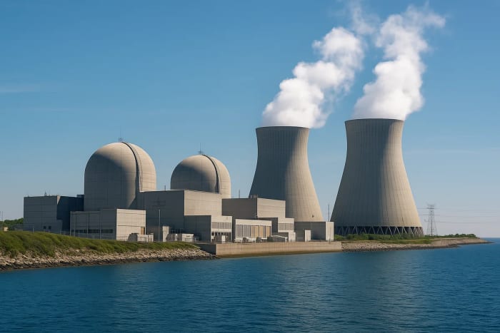 Central nuclear moderna junto al mar con torres de enfriamiento y estructuras industriales