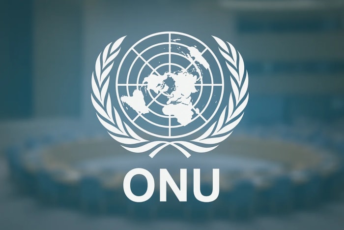 Logo de la ONU centrado sobre un fondo opaco de una sala de conferencias desenfocada