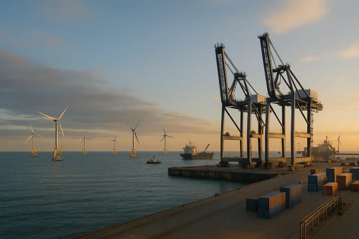 Turbinas eólicas flotantes frente a un puerto industrial con grúas y barcos al atardecer