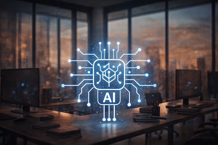 Ilustración de un entorno de oficina con un símbolo de inteligencia artificial brillando en el centro