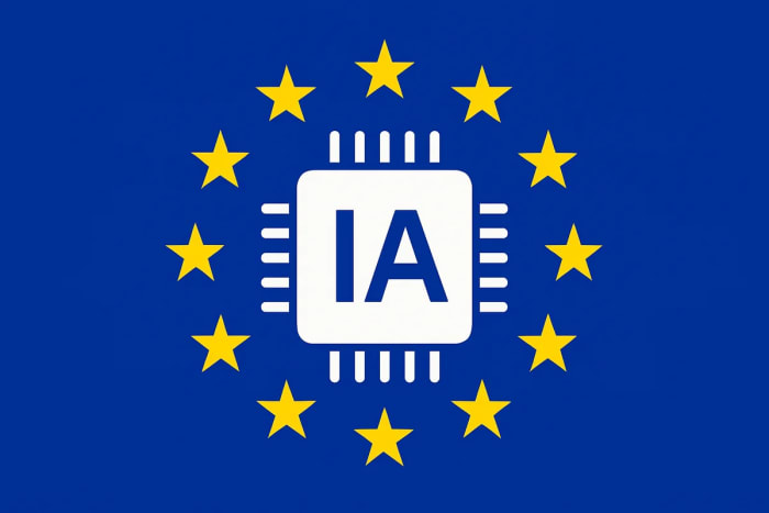 Chip IA sobre fondo azul con estrellas de la UE