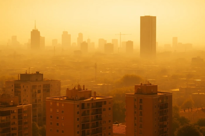Ciudad con ligera distorsión por calor en un día muy cálido