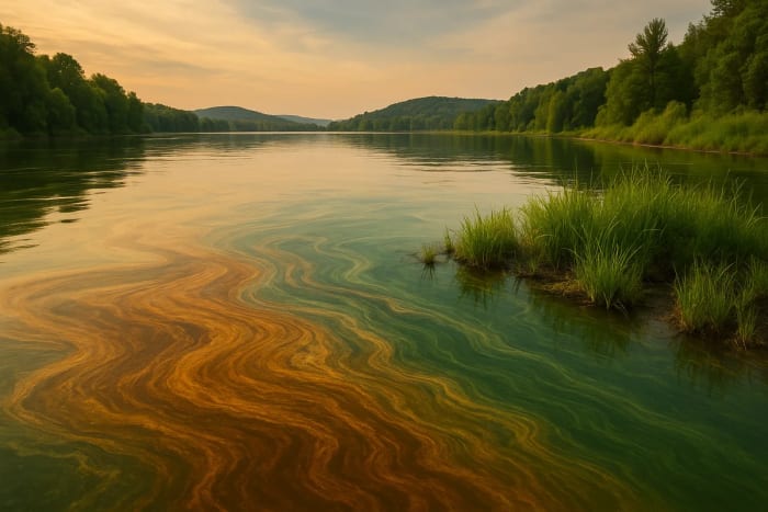 Superficie de un lago con vetas de contaminación en tonos marrones que se mezclan con el agua verde cerca de la orilla