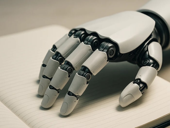 Una mano robótica de aspecto humanoide apoya sus dedos articulados sobre un cuaderno abierto