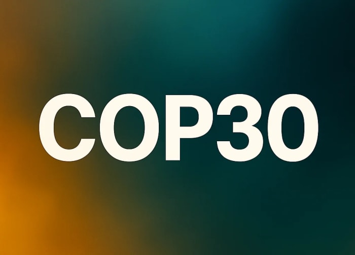 Fondo oscuro con textura suave y el texto “COP30” centrado en blanco sobre un diseño opaco