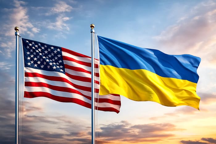 Banderas de Estados Unidos y Ucrania ondeando juntas bajo un cielo azul