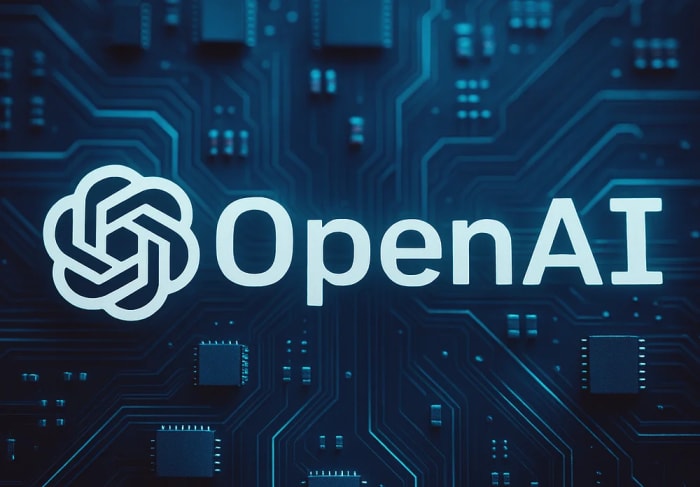 Logotipo de OpenAI iluminado sobre un fondo de circuito electrónico en tonos azulados