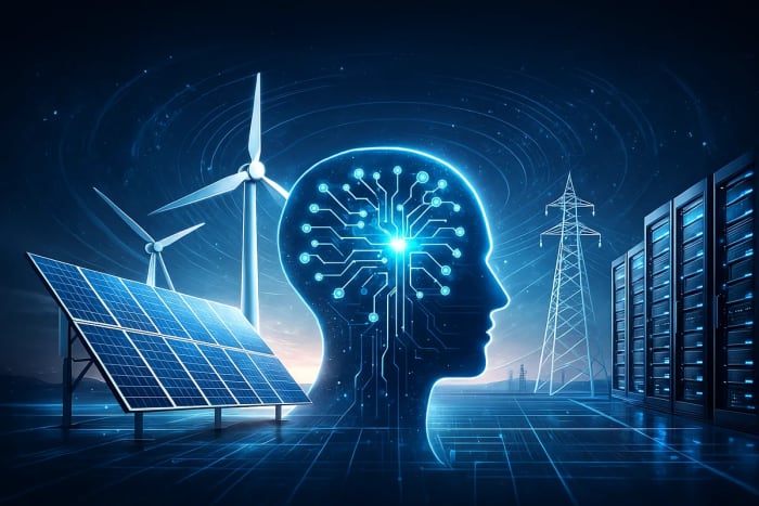 Ilustración futurista que muestra una cabeza humana digital conectada a paneles solares, aerogeneradores y una torre eléctrica, simbolizando el uso de inteligencia artificial en energías renovables