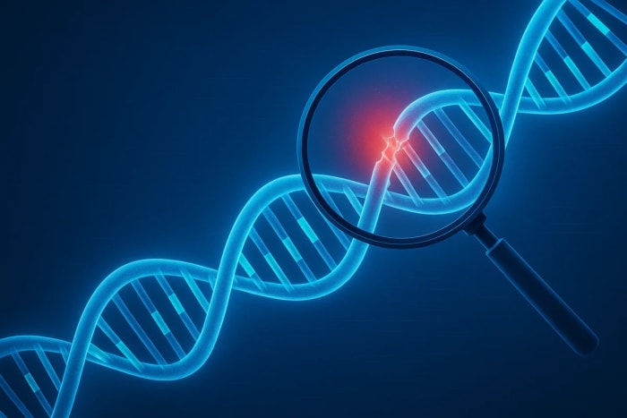 cadena de ADN con una mutación resaltada en rojo bajo una lupa, simbolizando puntos críticos de cambio en el genoma humano