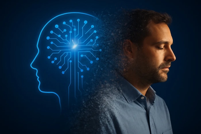 Hombre con los ojos cerrados cuyo cuerpo comienza a desvanecerse en partículas, frente a una silueta luminosa de inteligencia artificial formada por circuitos