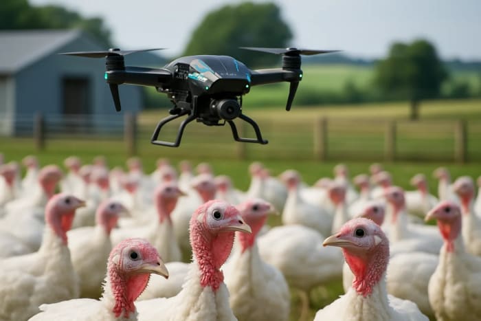 Dron sobrevolando una granja mientras graba a un grupo de pavos, usado para identificar su comportamiento mediante visión artificial