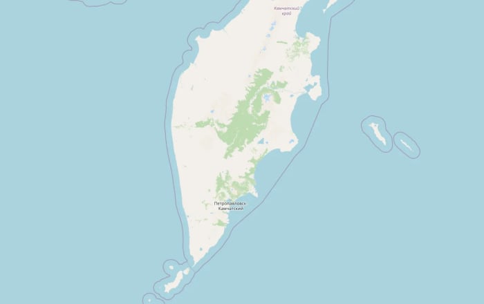 Mapa de OpenStreetMap que muestra la península de Kamchatka en Rusia, zona afectada por un tsunami tras un sismo de magnitud 8,8