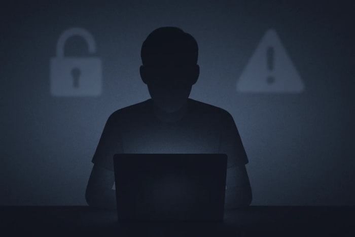 Silueta joven ante un portátil con símbolos borrosos de seguridad en un fondo oscuro