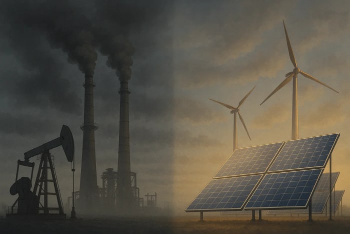 Chimeneas industriales con humo oscuro frente a paneles solares y turbinas eólicas iluminados por luz cálida