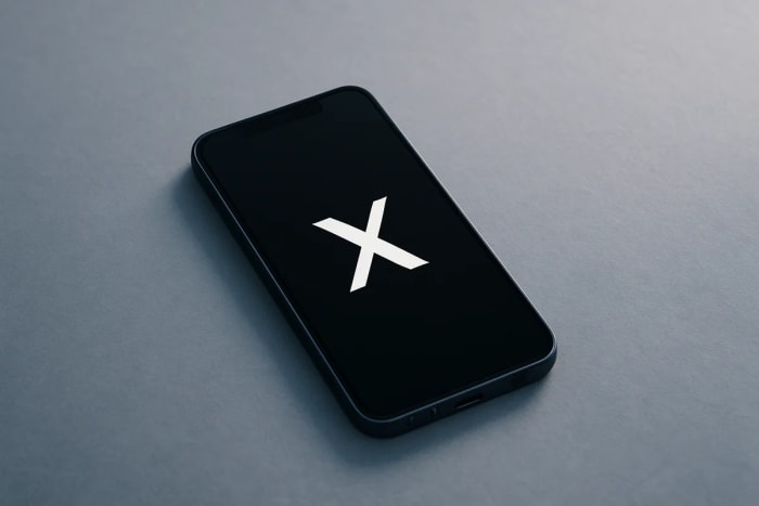Teléfono móvil sobre una superficie gris mostrando el logotipo de X en la pantalla