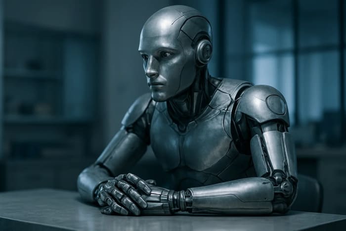 Robot humanoide metálico sentado en una mesa de trabajo