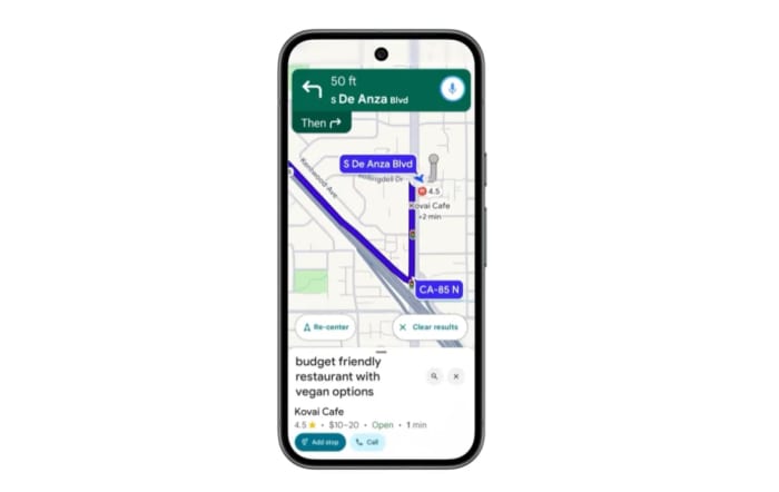 Nueva interfaz de Google Maps mostrando una ruta con indicaciones y búsqueda asistida por IA en un smartphone