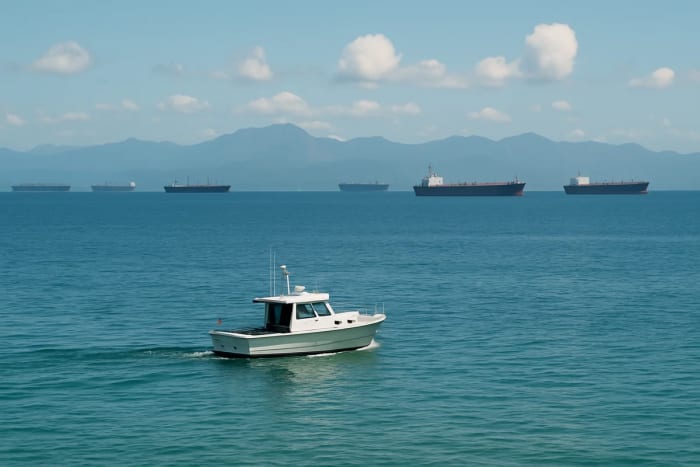 Barco pequeño navegando sobre aguas verde-azuladas, con varios cargueros alineados en el fondo