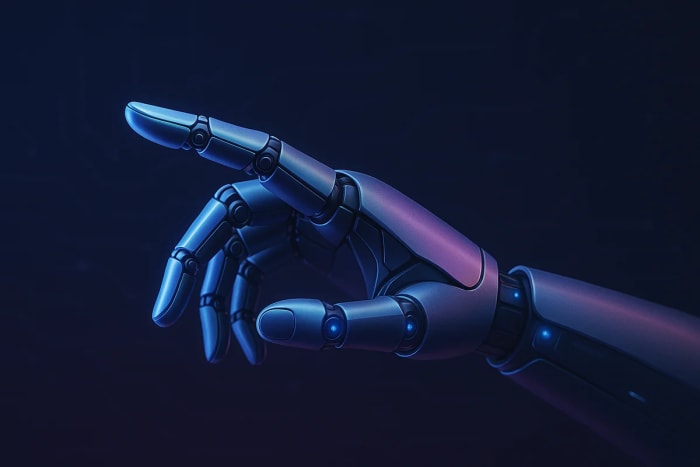 Mano robótica metálica extendida hacia adelante, iluminada con tonos azules y púrpuras sobre un fondo oscuro con luces sutiles