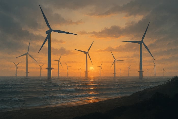 Parque eólico marino al atardecer visto desde la costa