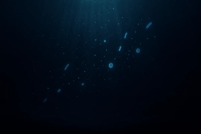 Oscuro océano profundo con haces de luz débiles, partículas brillantes y microbios luminosos flotando sobre un fondo abisal difuso