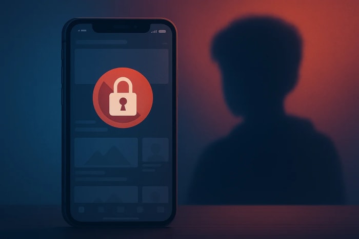 Smartphone con un icono de bloqueo en pantalla y la silueta difuminada de un menor al fondo