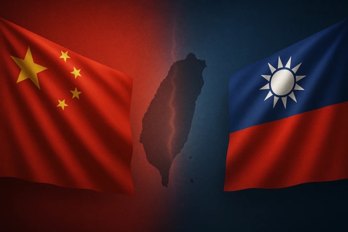 Banderas de China y Taiwán enfrentadas con la silueta de la isla en el centro