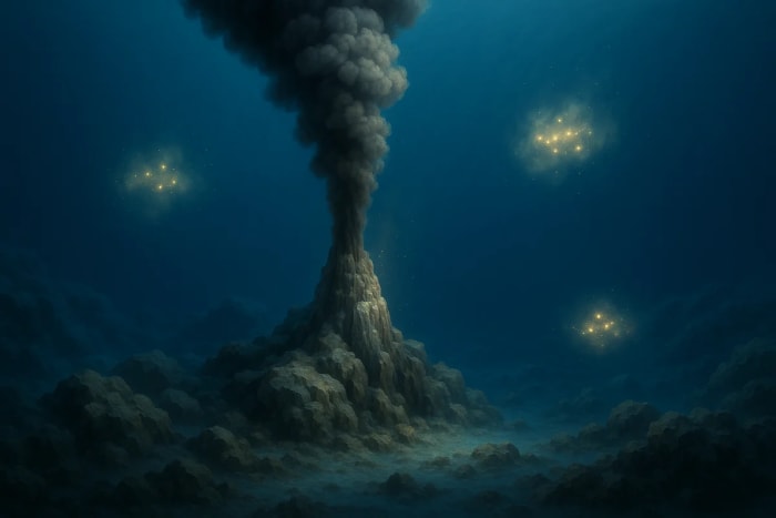 Respiradero hidrotermal emitiendo una columna oscura sobre un fondo oceánico, con nubes químicas brillantes alrededor
