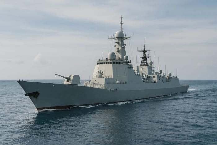 Buque de guerra moderno navegando en mar abierto bajo un cielo nublado