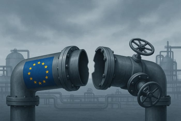 Gasoducto metálico cortado con una sección pintada con la bandera de la Unión Europea y válvulas cerradas al fondo