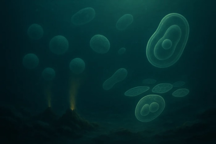 Células primitivas flotando sobre respiraderos hidrotermales iluminados en un océano oscuro.