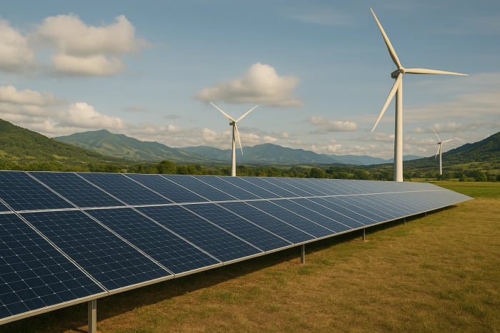 Paneles solares y aerogeneradores en un paisaje montañoso