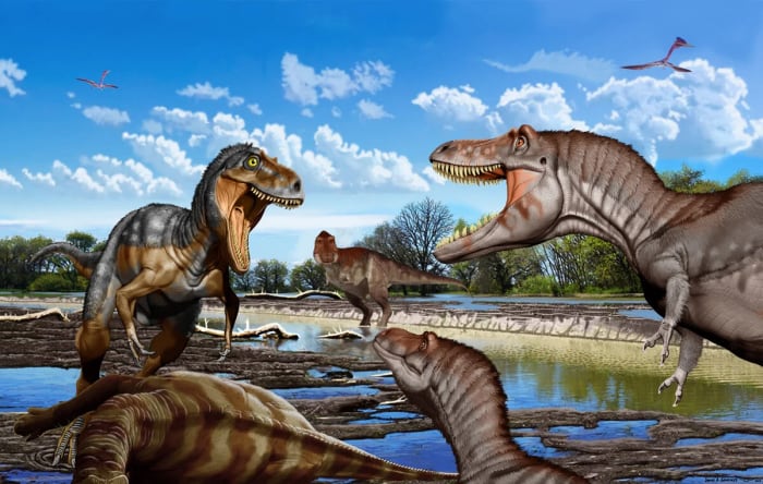 Escena del Cretácico Superior con un Nanotyrannus enfrentándose a dos T. rex juveniles mientras un subadulto observa