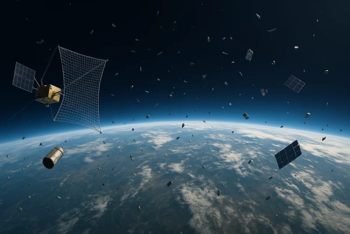 Basura espacial rodeando la Tierra vista desde la órbita baja