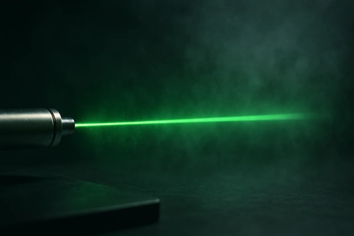 Rayo láser verde delgado atravesando un ambiente con ligera niebla