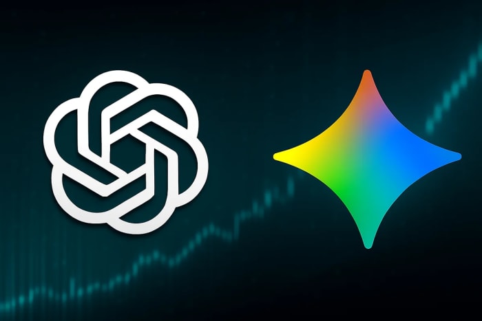 Comparación de los logos de OpenAI y Gemini sobre un fondo tecnológico