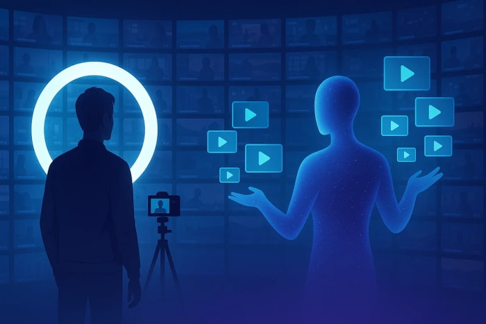 Creador humano frente a una figura de IA que genera múltiples videos en un entorno azul futurista