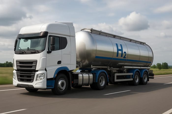 Camión cisterna de hidrógeno con tanque H₂ avanzando por carretera