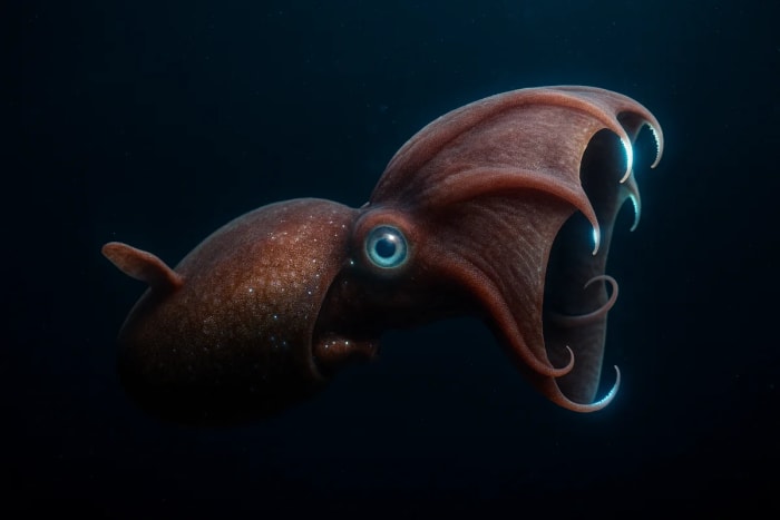 Vampiroteuthis infernalis realista iluminado por bioluminiscencia en aguas profundas