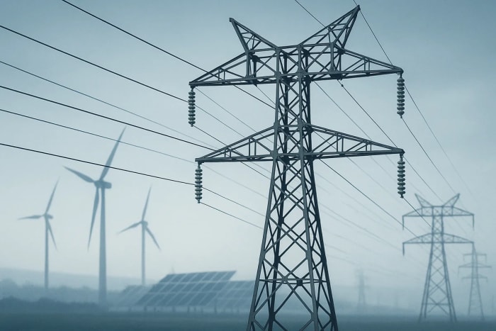 Torre de alta tensión con líneas eléctricas y aerogeneradores difuminados al fondo