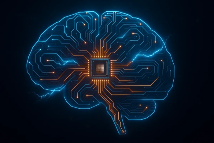 Cerebro tecnológico de luz y circuitos con un chip brillante en el centro