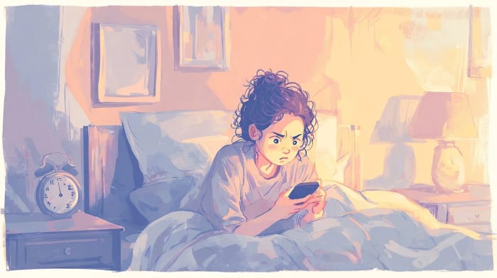 Persona joven en la cama de noche mirando el teléfono con el rostro iluminado y expresión de cansancio