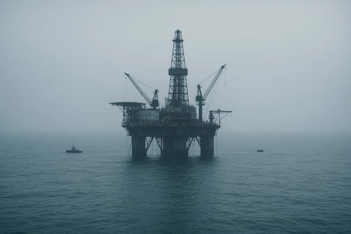 Plataforma petrolera en medio del mar bajo niebla azul grisácea, con pequeñas embarcaciones alrededor