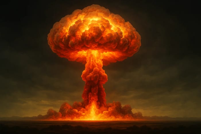 Gran nube en forma de hongo elevándose tras una explosión con tonos rojizos y anaranjados sobre un horizonte oscuro